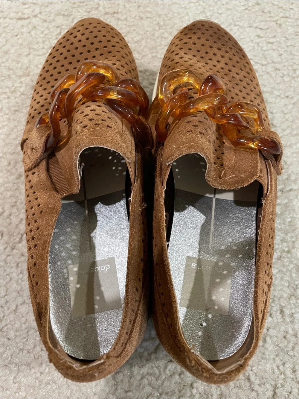 Dolce Vita Tan Suede Platform Slip-On Loafers with Amber Chain